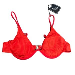 Zaful Bikini Top Womens Small Red NEW Ribbed Underwire Front Clasp Swimwear